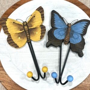 Boho Wooden Butterfly Wall Hooks - Blue & Yellow Pair